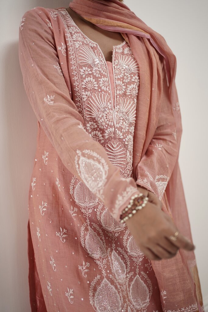 PEACH TISSUE CHIKANKARI SUIT WITH DUPATTA