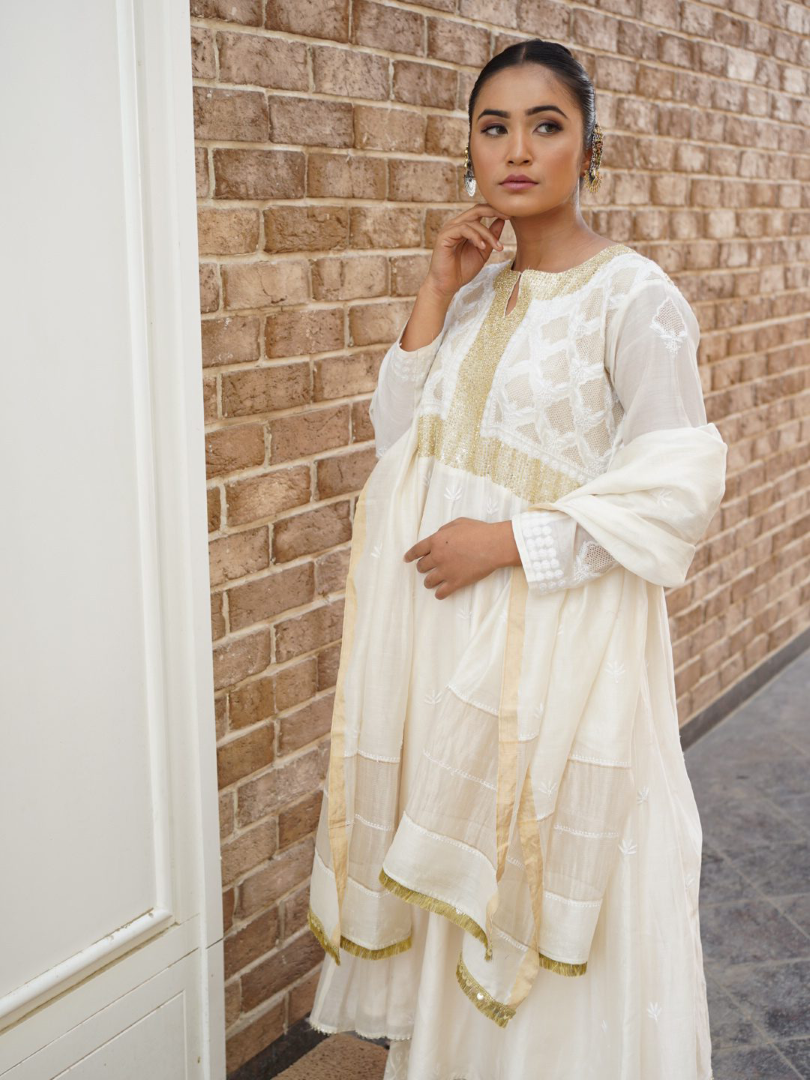 Ivory pure chanderi silk Chikankari anarkali