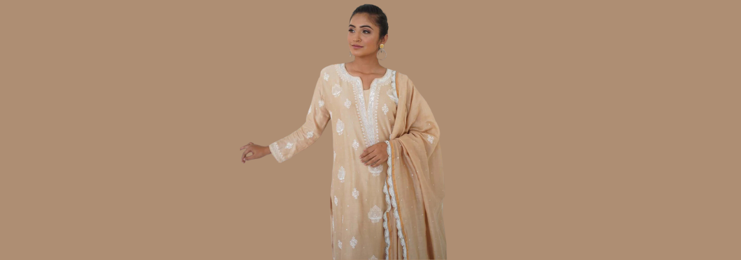 Charm and Elegance Unveiled: Dhaaga's Chikankari Chanderi and Tissue Suits Collection