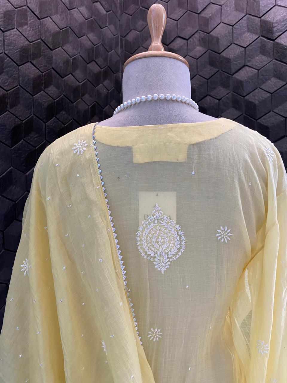yellow Mul Chanderi Chikankari Kurta Set