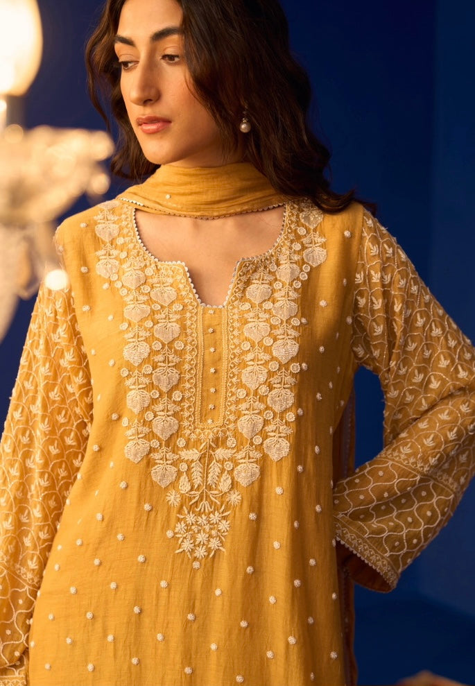 Mustard Yellow Mul Chanderi Chikankari Pakistani Kurta Set