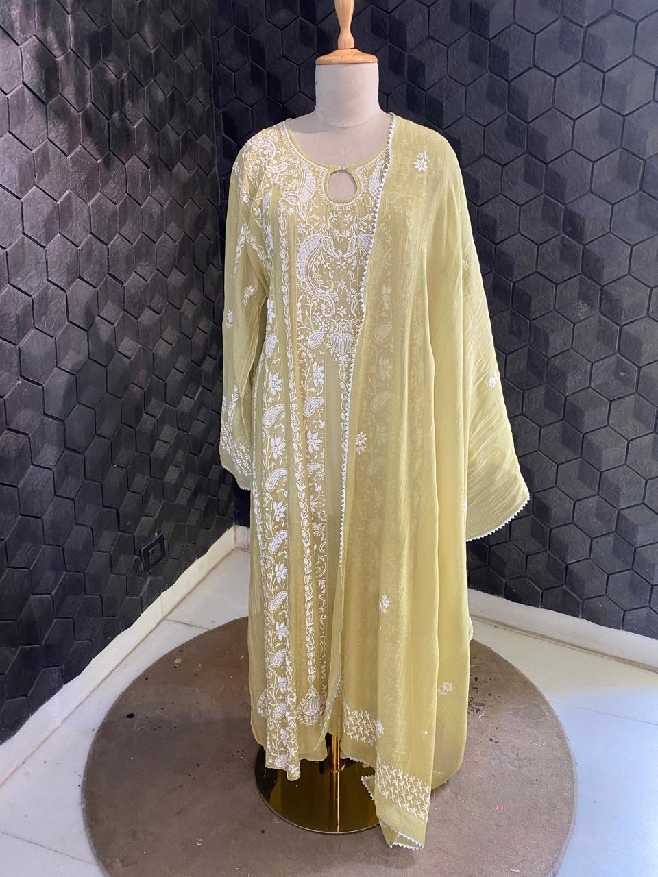 Pista Green Mul chanderi Anarkali kurta Set in