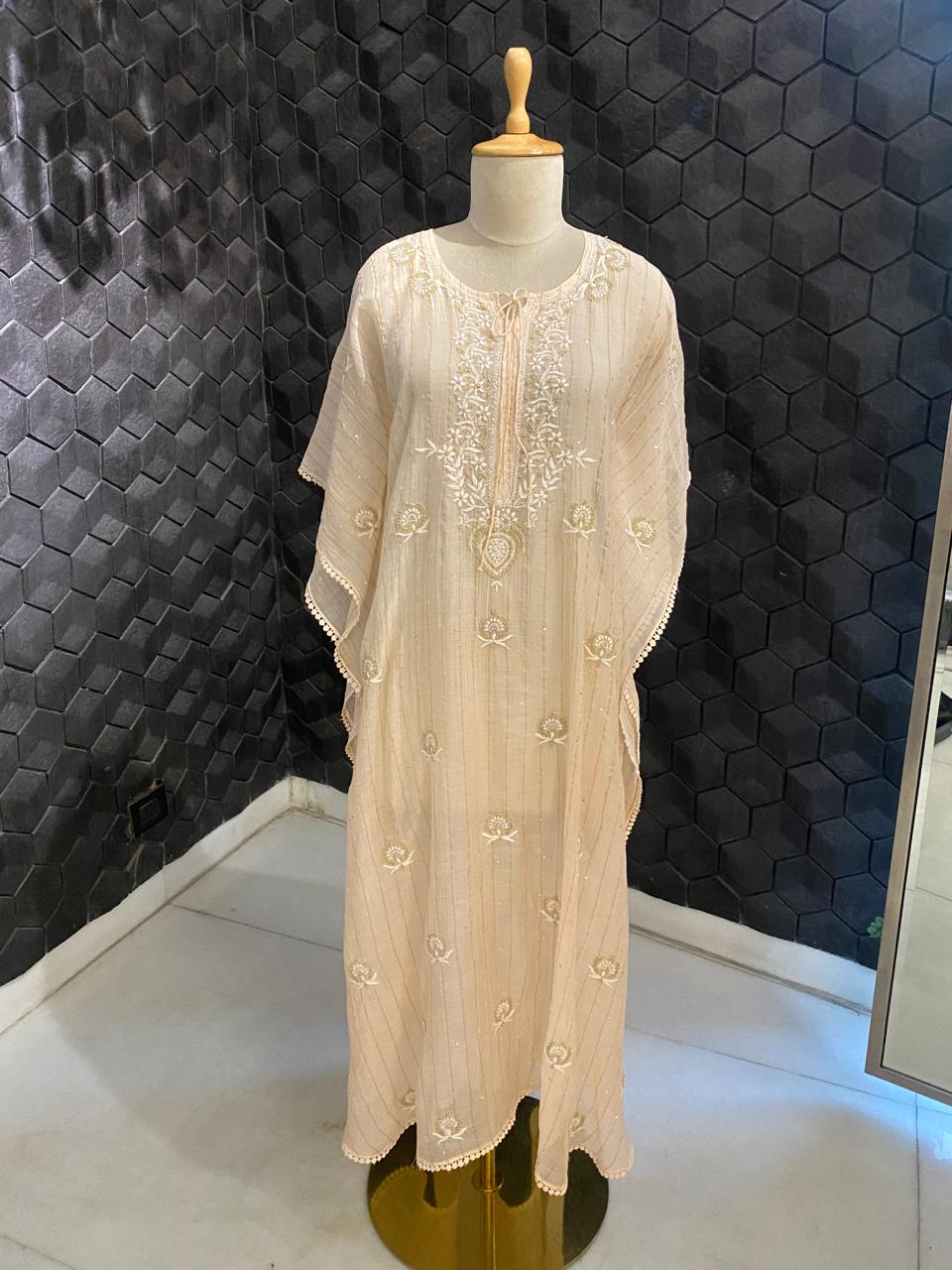 Beige Striped Mul Chanderi Chikankari Kaftan