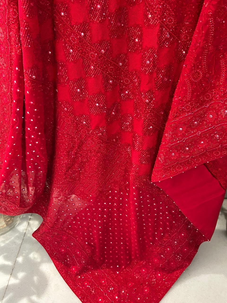 Red Georgette Chikankari Heavy Dupatta