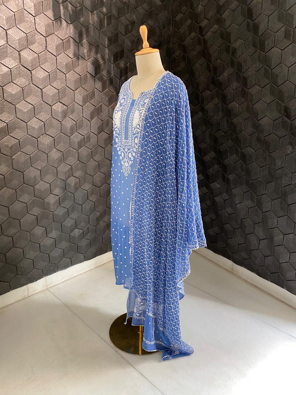 cobalt blue Mul Chanderi Chikankari Kurta Set