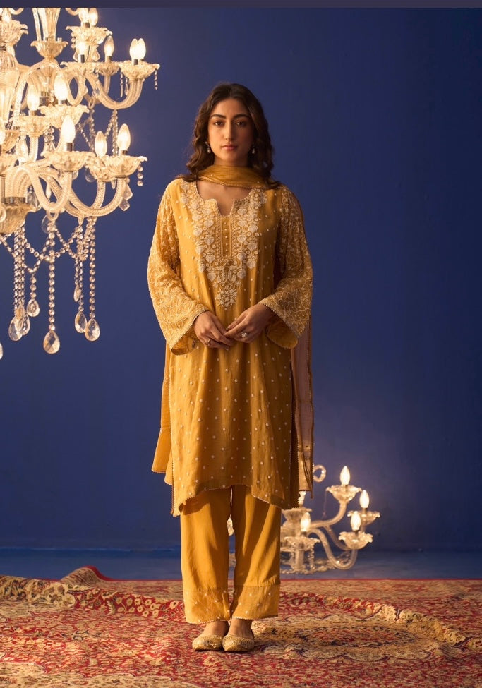 Mustard Yellow Mul Chanderi Chikankari Pakistani Kurta Set