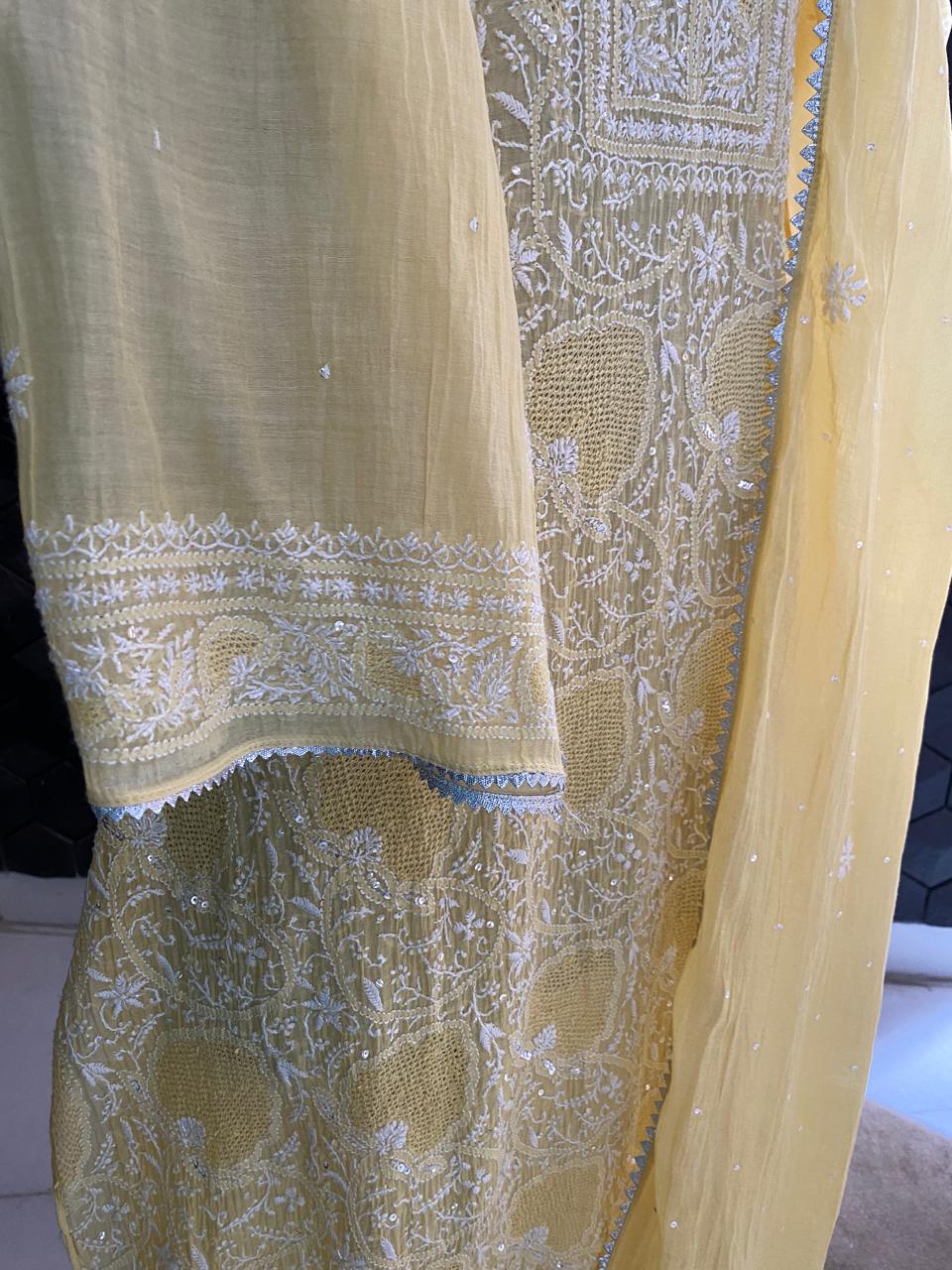 yellow Mul Chanderi Chikankari Kurta Set