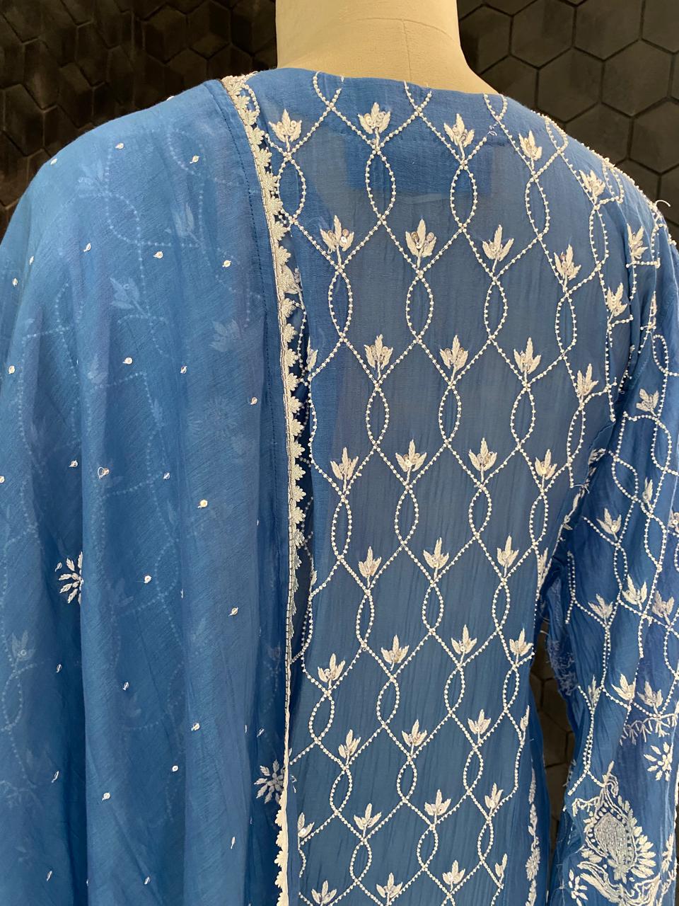 cobalt blue mul chanderi chikankari kurta set