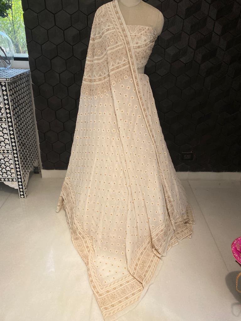 Ivory And Gold Chikankari and Zardozi Lehenga Set