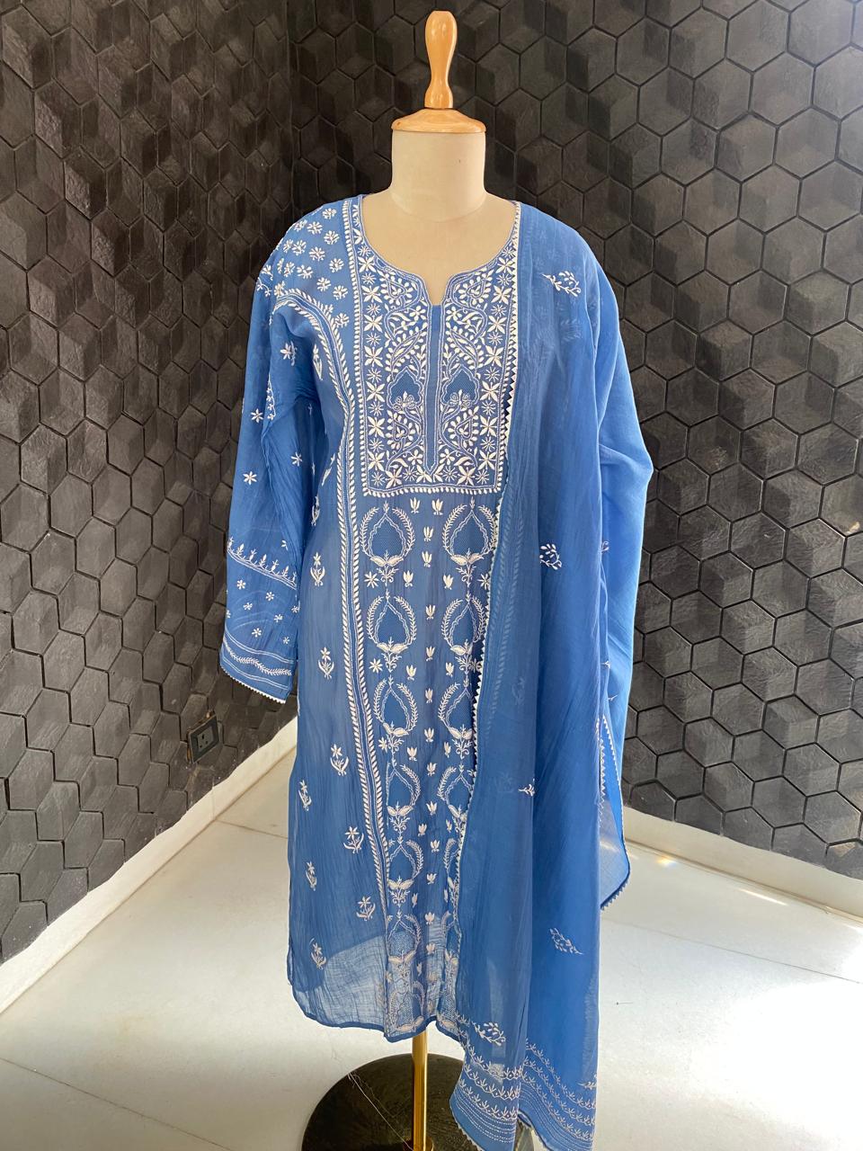 Cobalt Mul Chanderi Chikankari kurta set