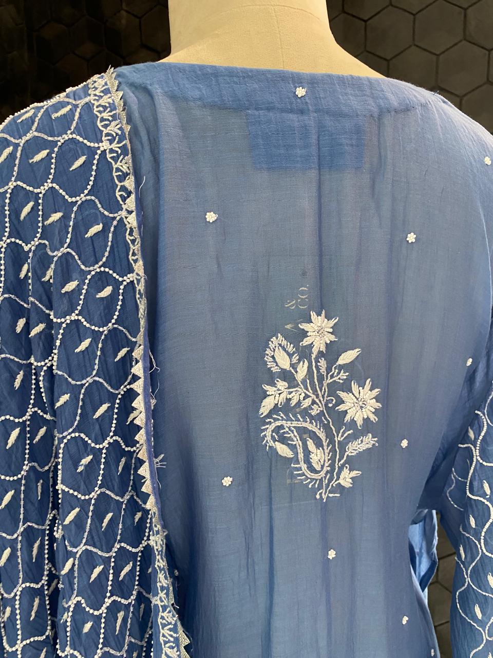 cobalt blue Mul Chanderi Chikankari Kurta Set