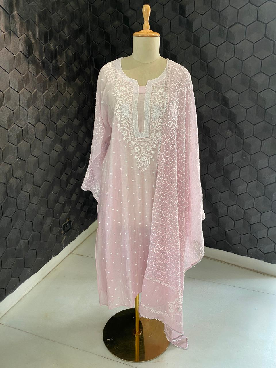 Lilac Mul Chanderi Chikankari Kurta Set