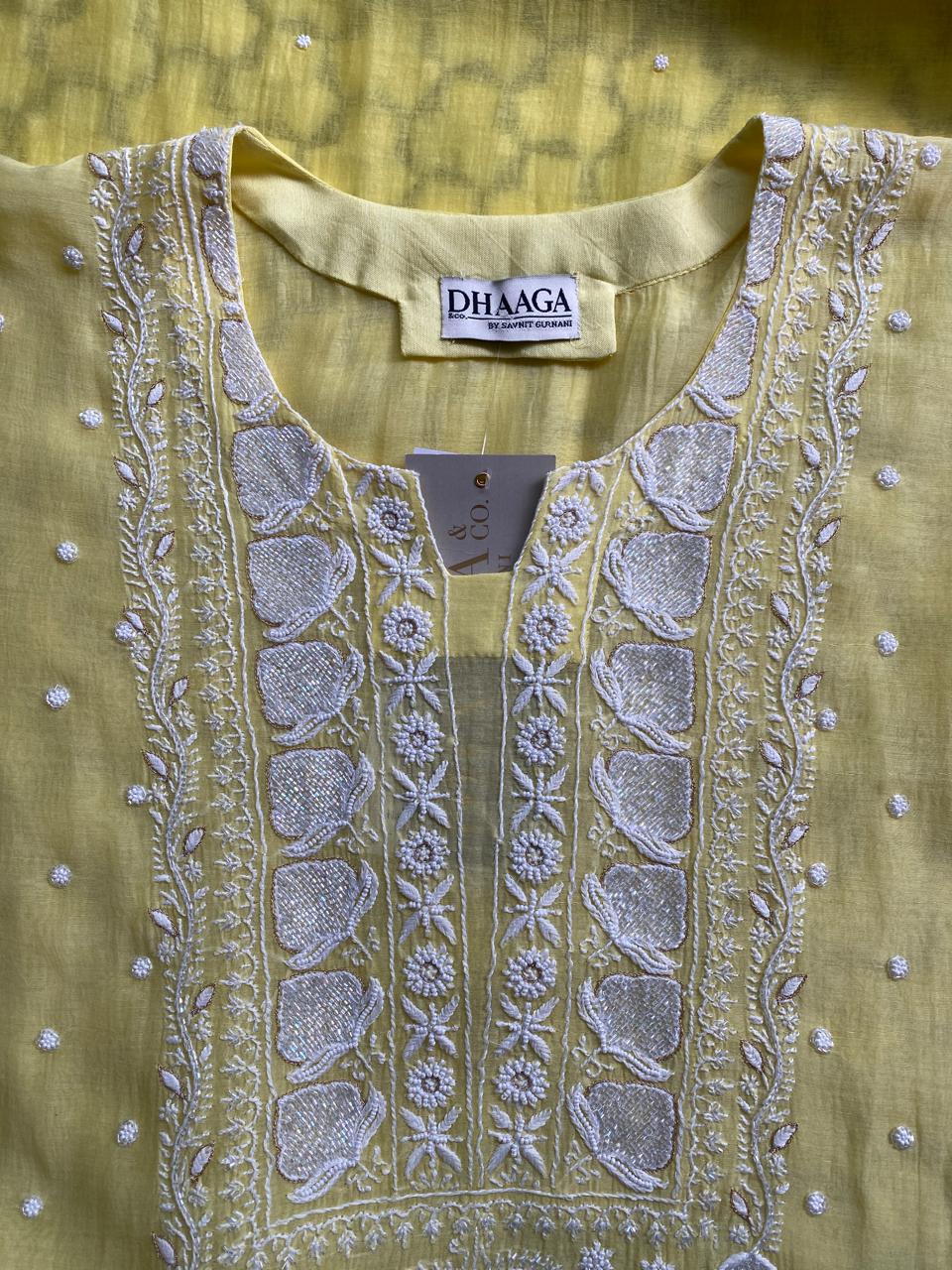 yellow Mul Chanderi Chikankari Kurta Set