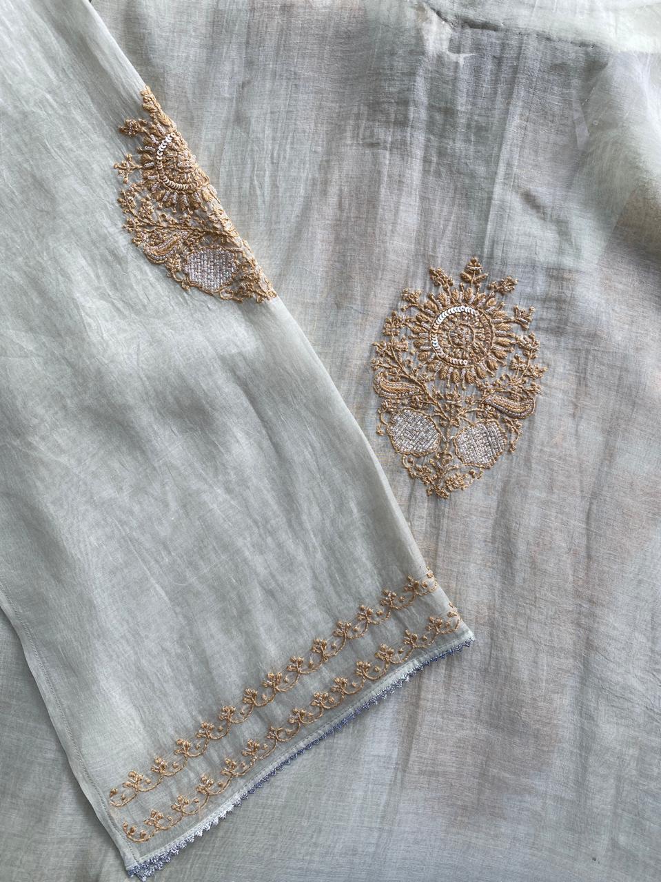Pista Green Mul Chanderi Chikankari Kurta Set
