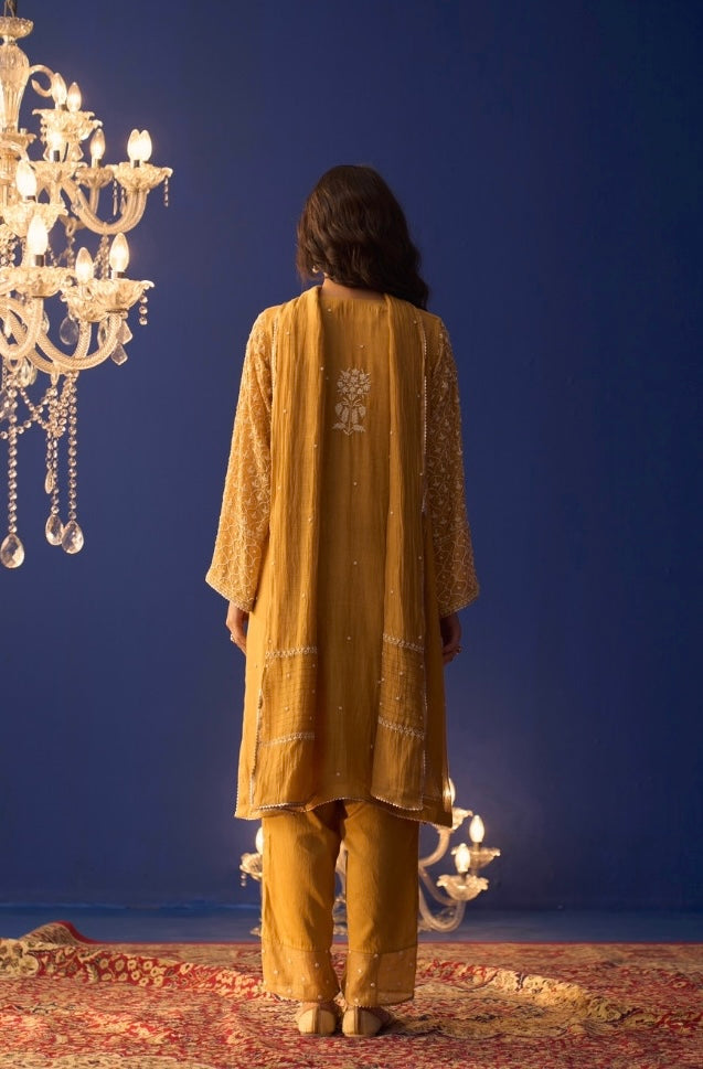 Mustard Yellow Mul Chanderi Chikankari Pakistani Kurta Set