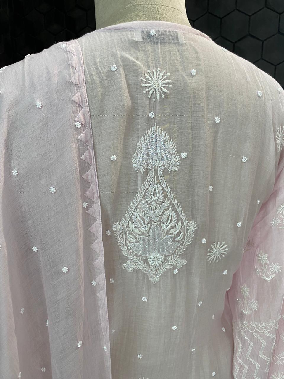 lilac mul chanderi chikankari kurta set