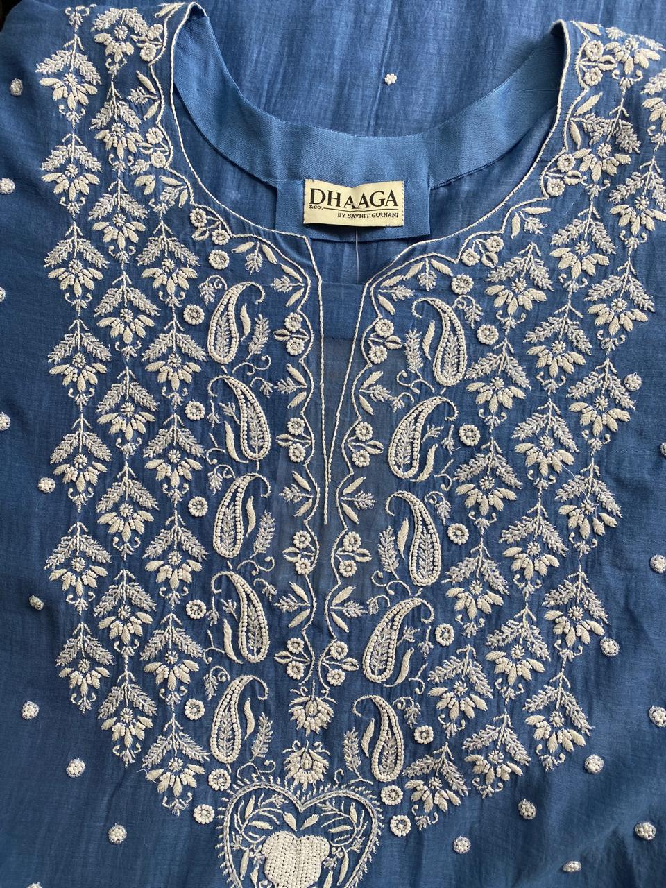 Cobalt Blue Mul chanderi chikankari with heavy dupatta kurta set