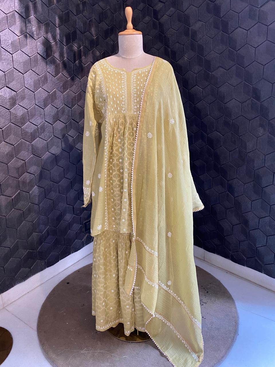 Pistachio Mulchanderi Chikankari Sharara Set