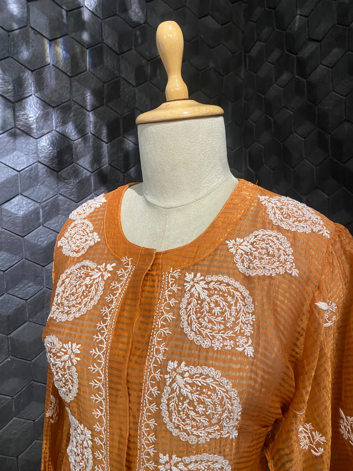 Mustard Yellow striped tissue chikankari shirt