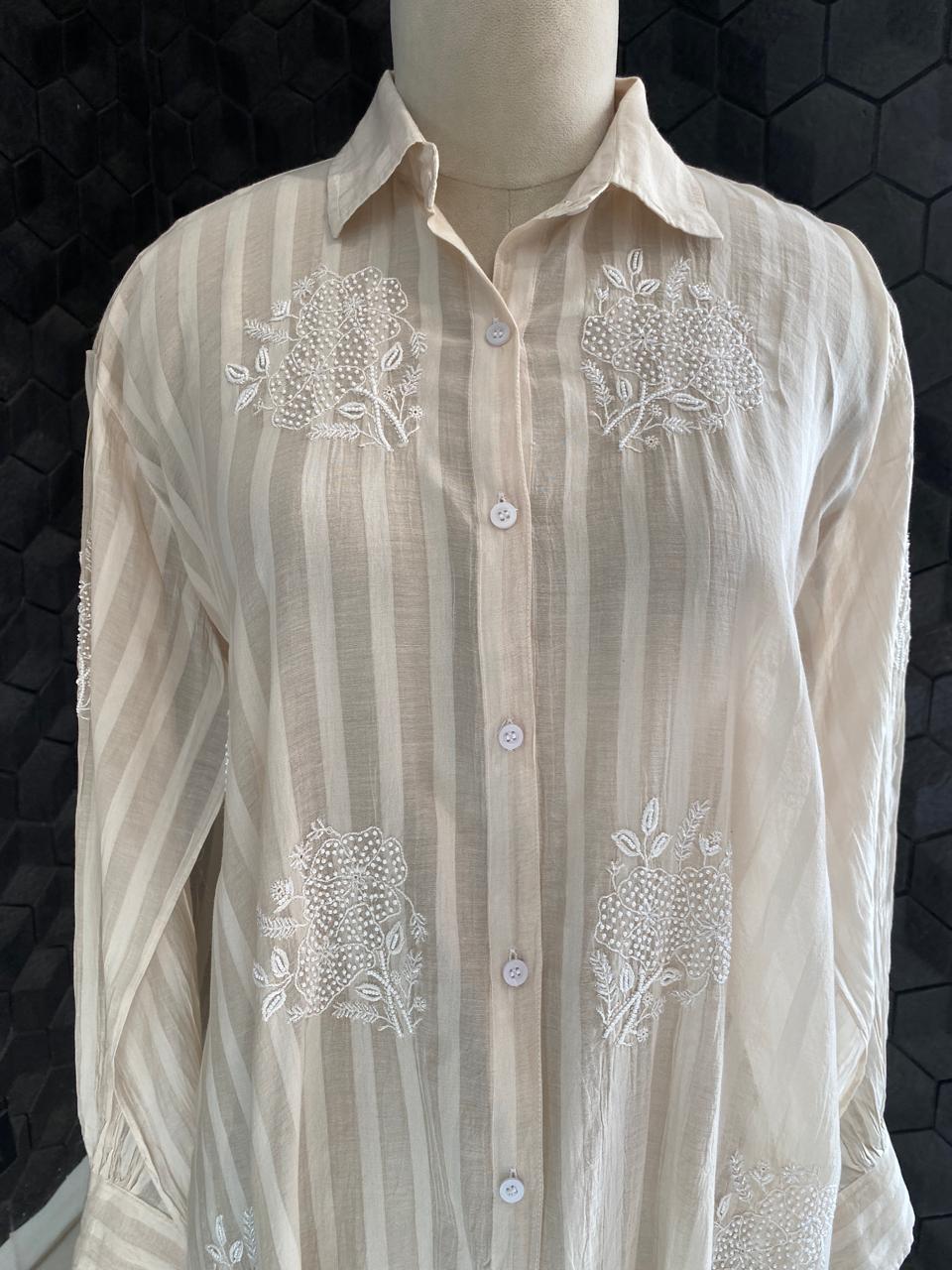 Beige striped Mul Chanderi Chikankari Co-ord set