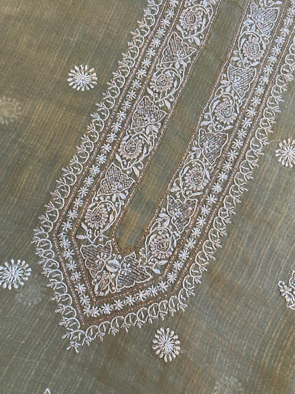 Sage Green Golden striped Tissue Men's Kurta