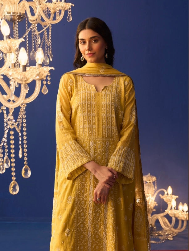 Yellow Tissue Chikankari Straight Kurta Set