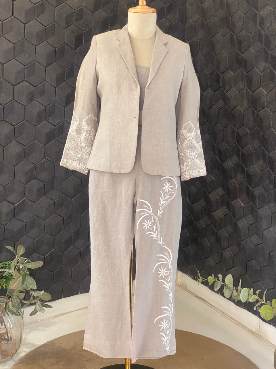 Grey Linen Jaal Boota Blazer Set