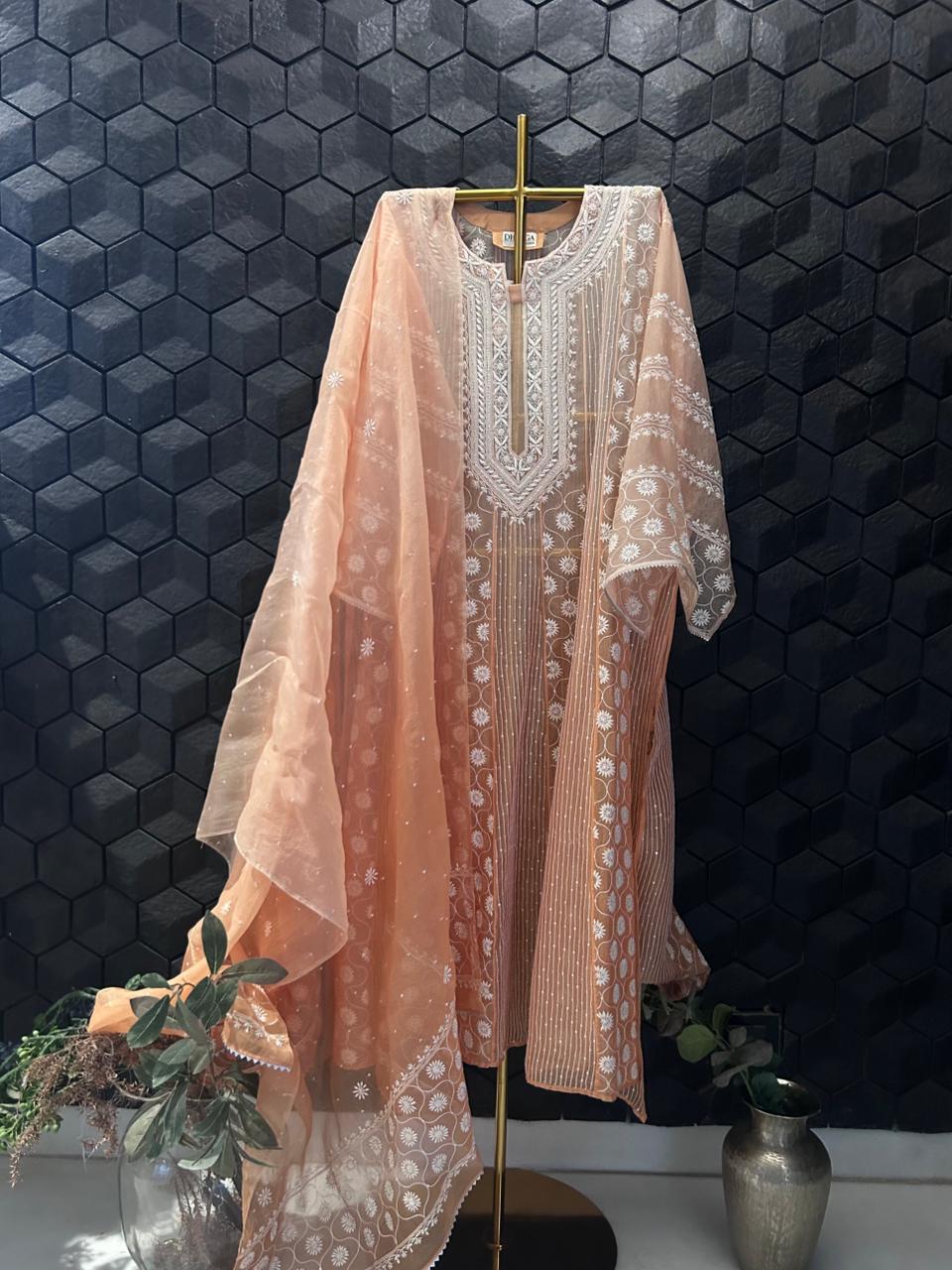 Orange Organza Chikankari Anarkali Suit Set