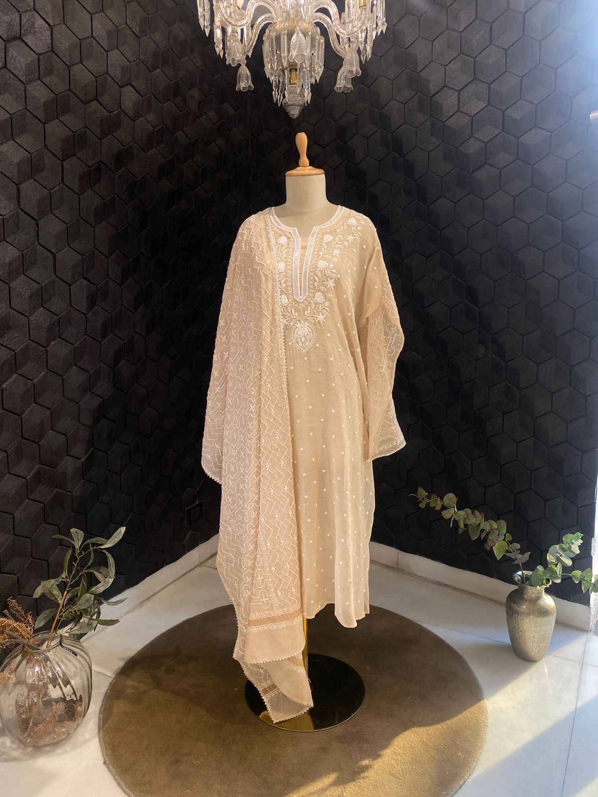 Natural Golden Tissue Chikankari Kurta Set
