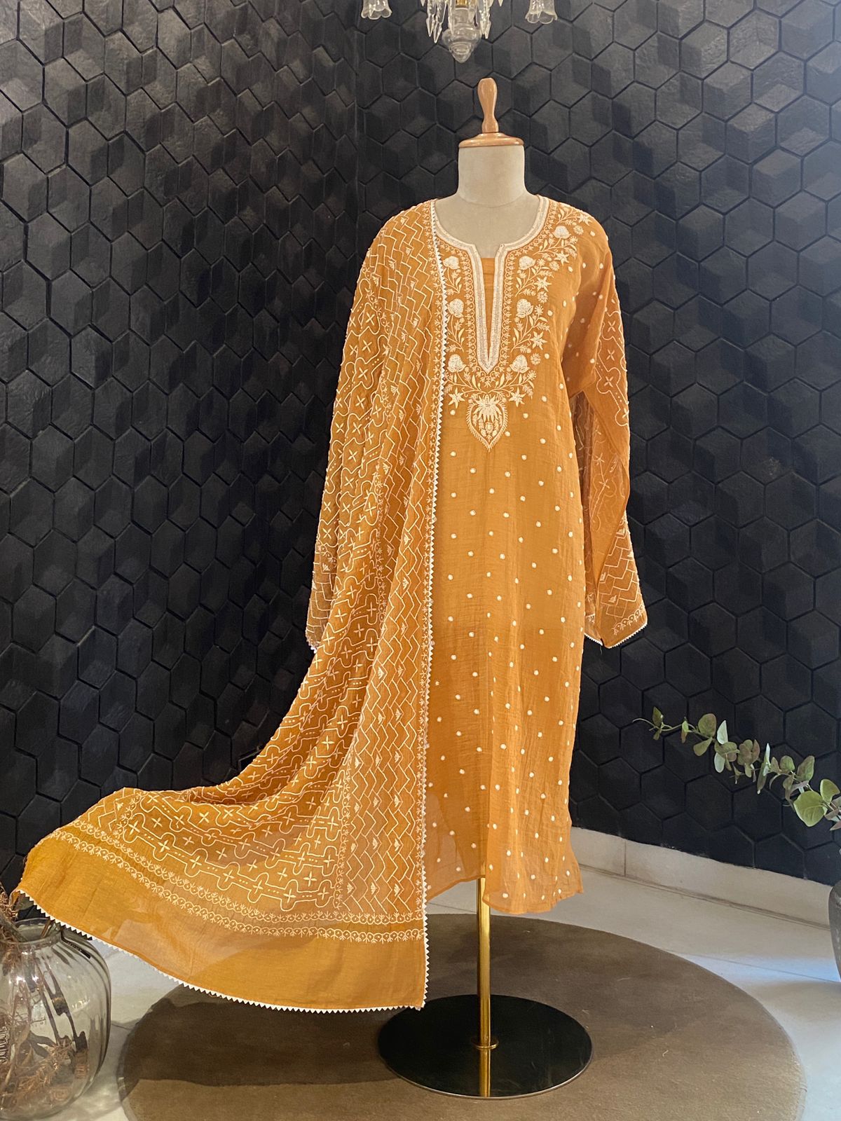 Mustard Golden Tissue Chikankari  Suit Set