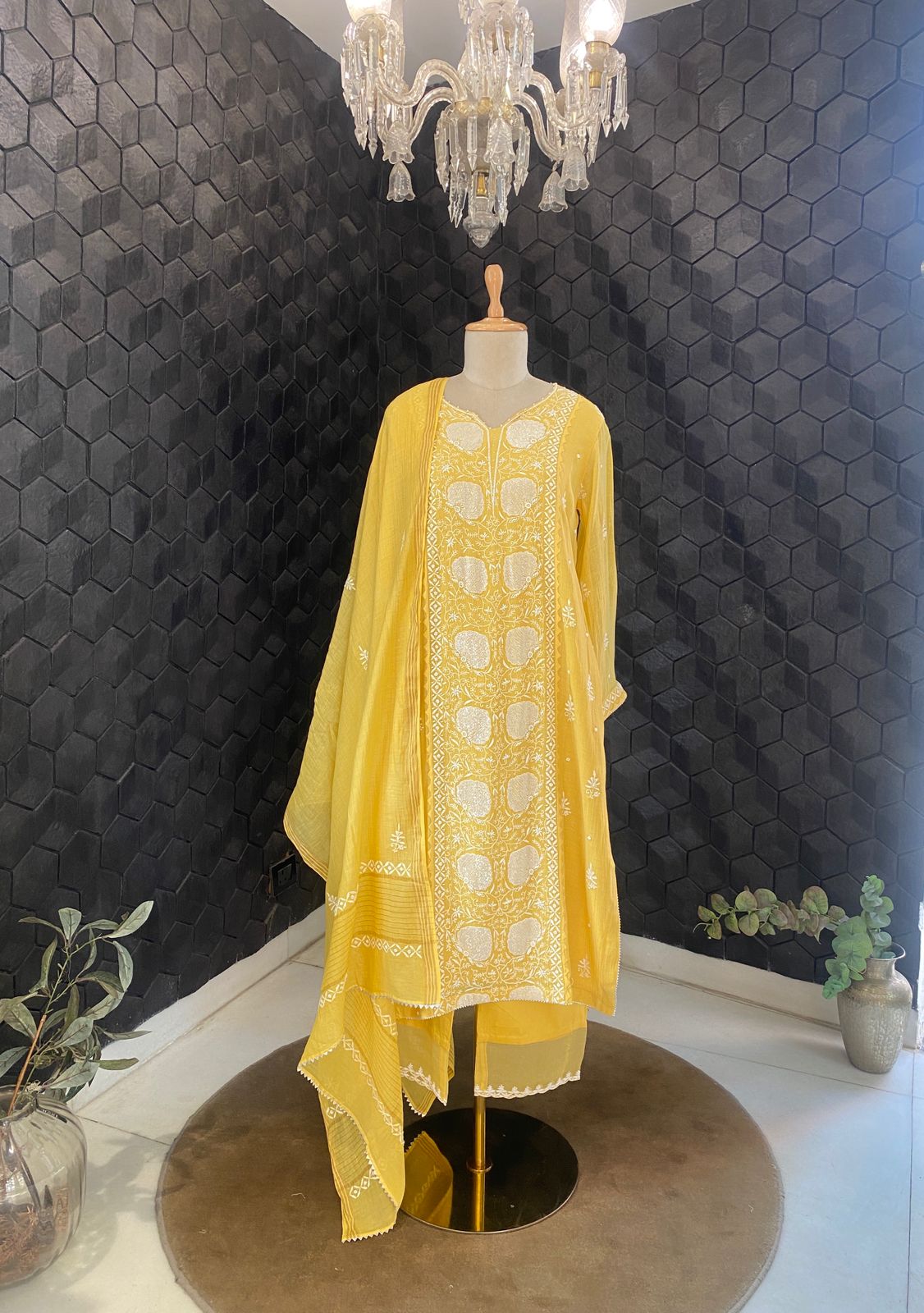 Mustard mul chanderi Chikankari Kurta Set