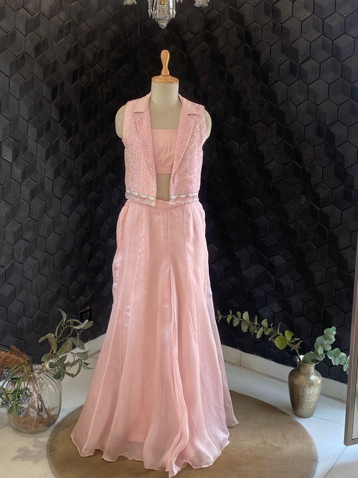 Premium Organza Sharara and Top With Pink Jacket