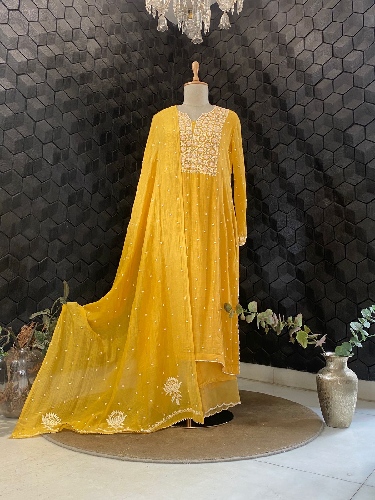 Mustard Mul Chanderi Suit Set