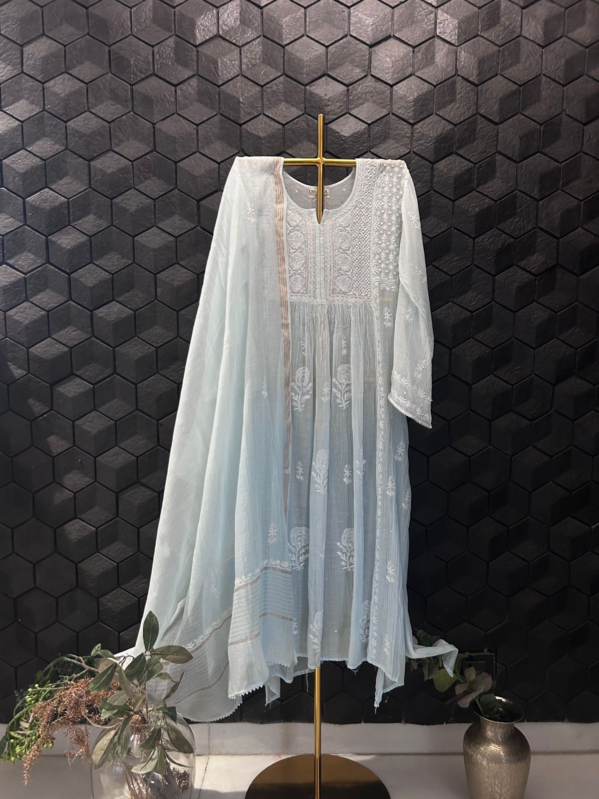 Sky Blue Mul Chanderi Chikankari Kurta Set