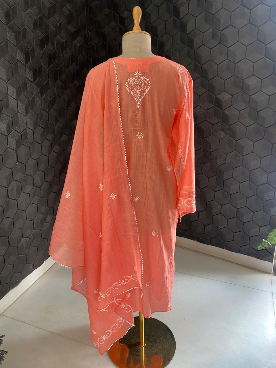 Orange Mul Chanderi Chikankari kurta set