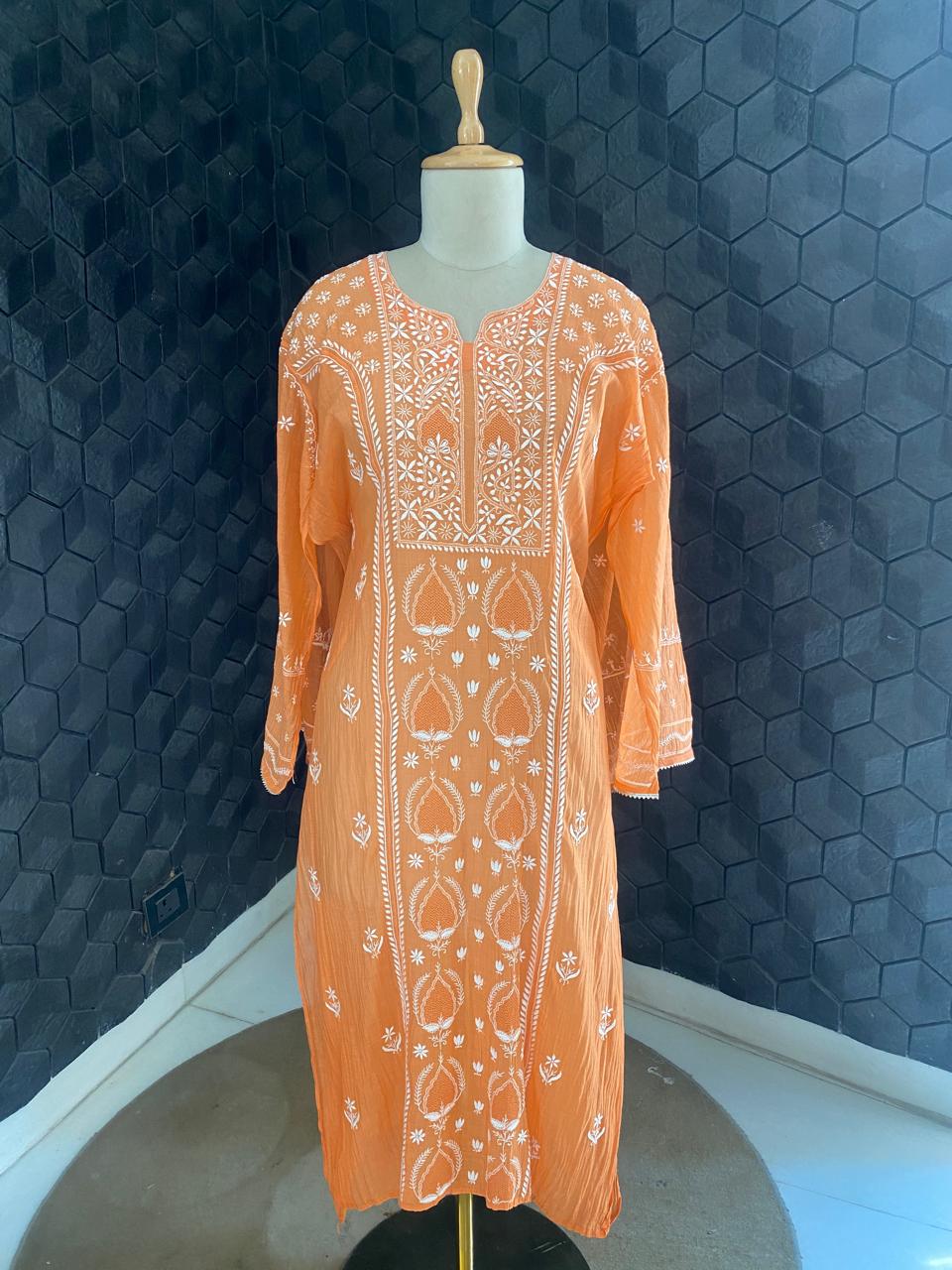 Orange Mul Chanderi Chikankari with jaali Kurta Set