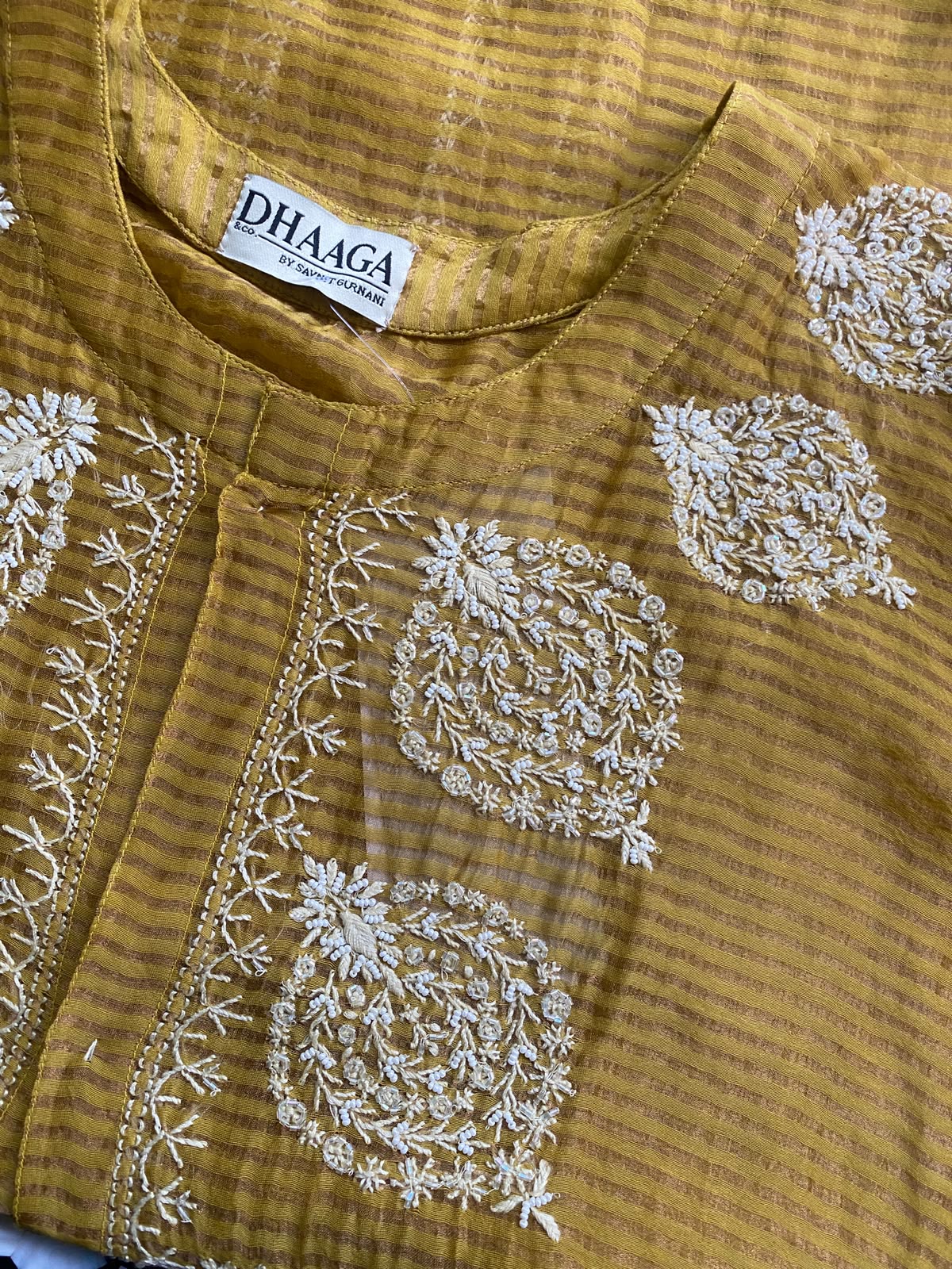 Musterd Yellow striped tissue chikankari shirt