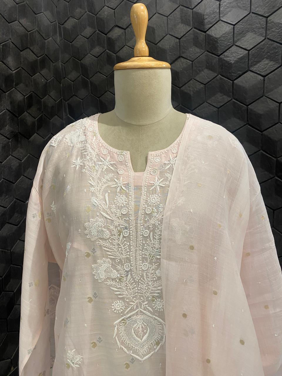 pink mul chanderi silver gold booti with chikankari kurta set