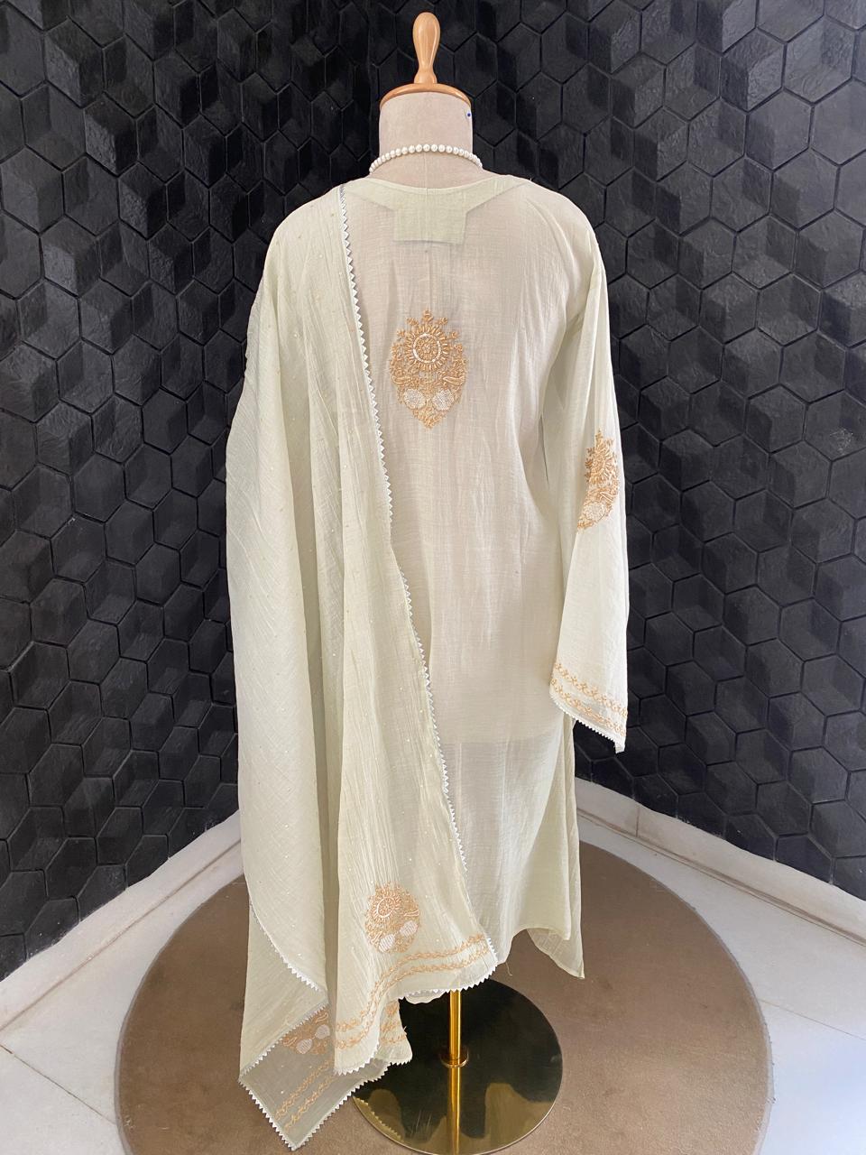 Pista Green Mul Chanderi Chikankari Kurta Set