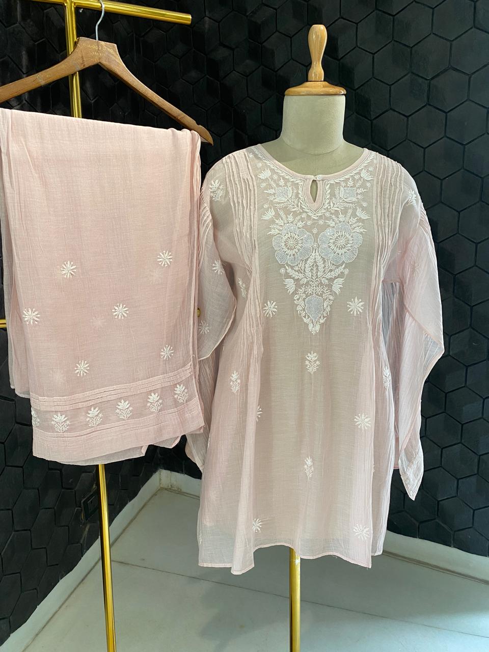 Blush Pink mul chanderi chikankari co-ord set