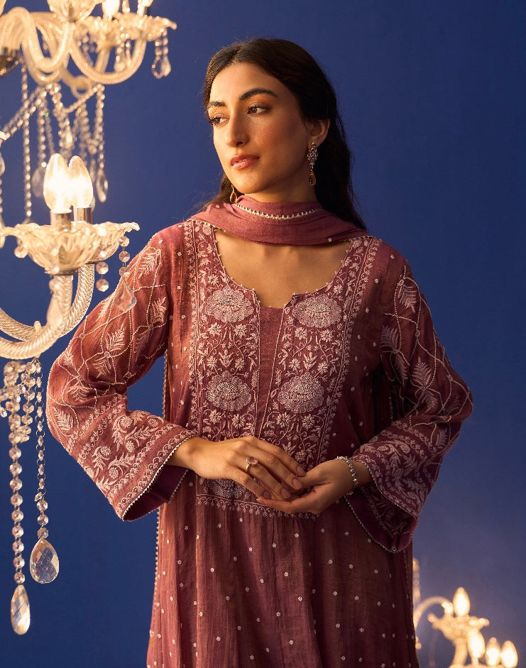 Plum Tissue Chikankari Kurta Set