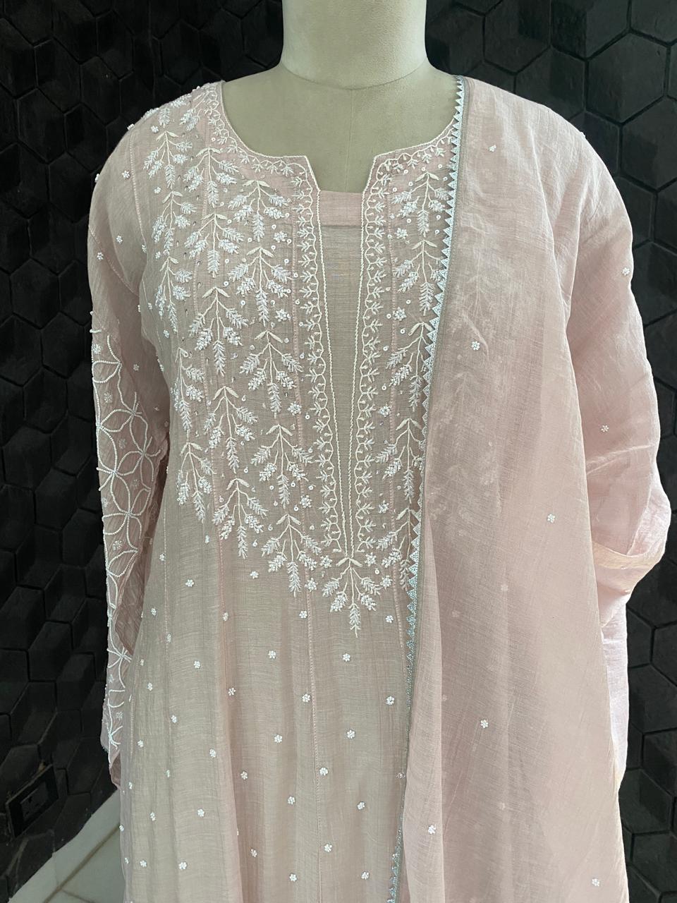 Pink silver tissue chikankari Anarkali set