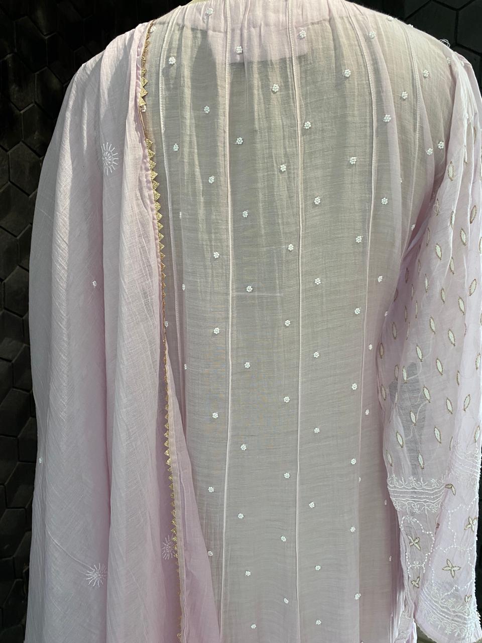 Lilac mul chanderi chikankari anarkali kurta set