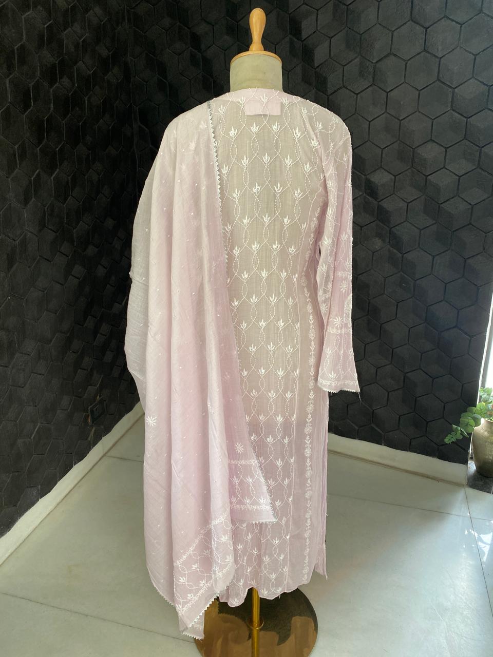 Lilac Panel Lotus Chikankari Mul Chanderi A-Line Kurta Set