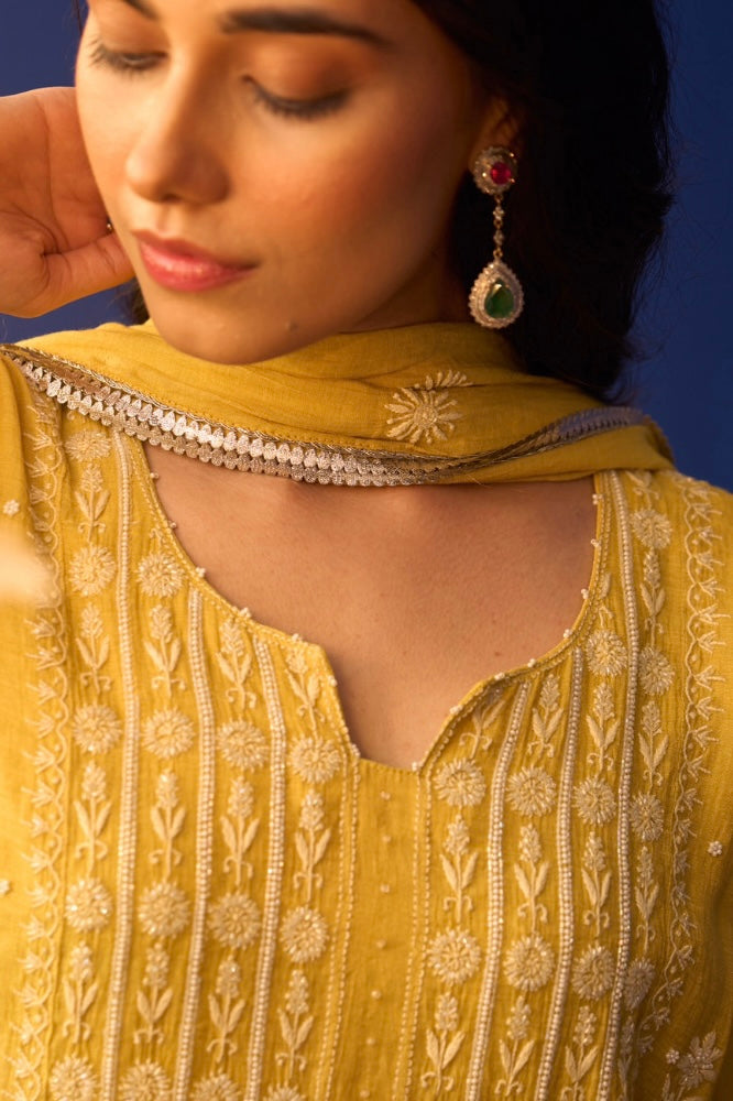 Yellow Tissue Chikankari Straight Kurta Set