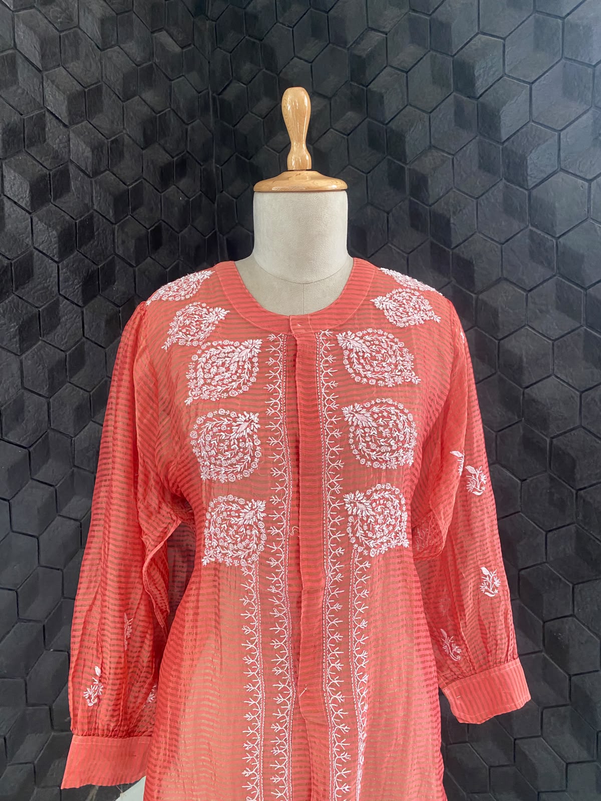 Fuschia Pink striped tissue chikankari shirt