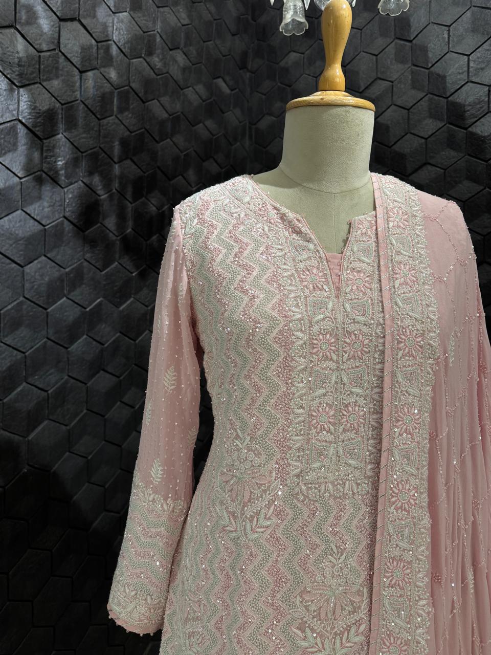 Pink Multi- Sequins Georgette Sharara Set