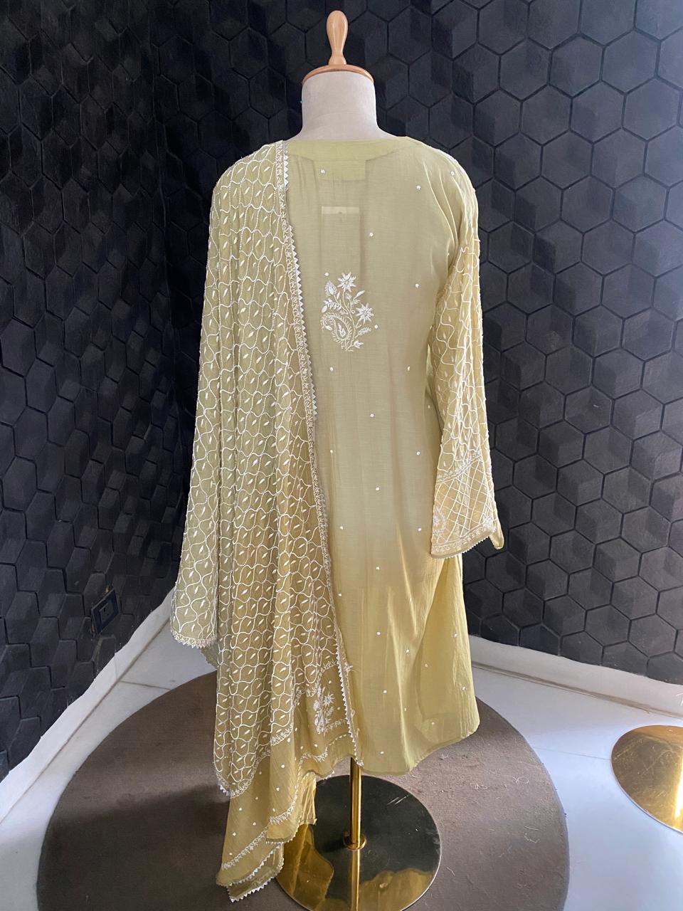 olive green ombre Mul Chanderi Chikankari Kurta Set