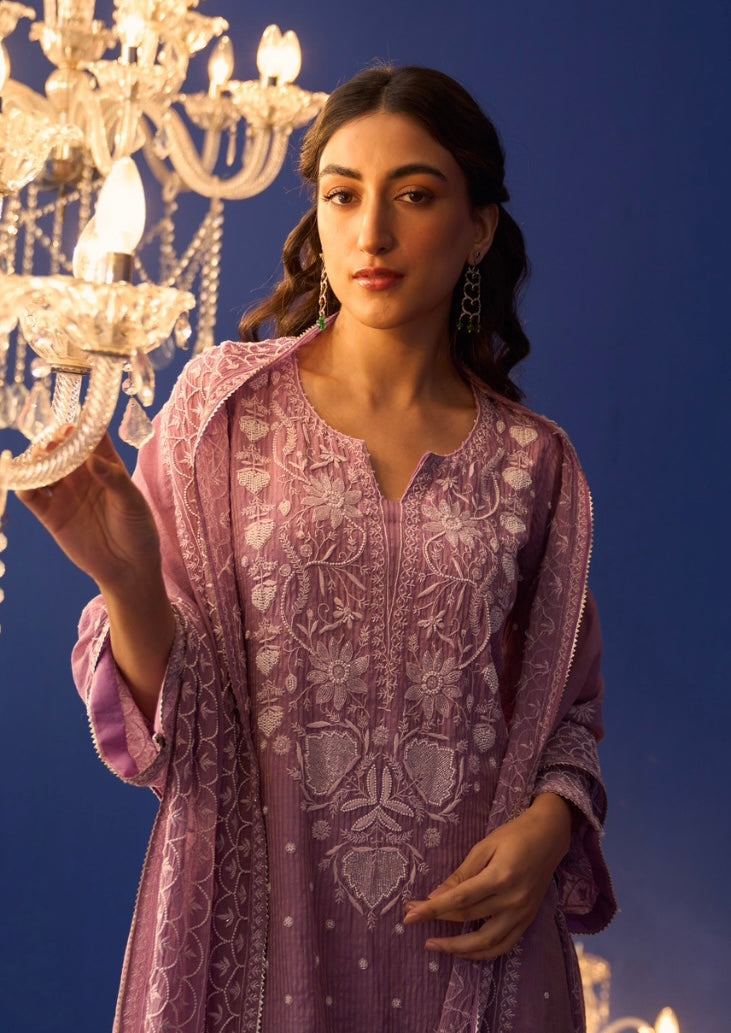 Purple Zari Striped Tissue Chikankari Kurta Set