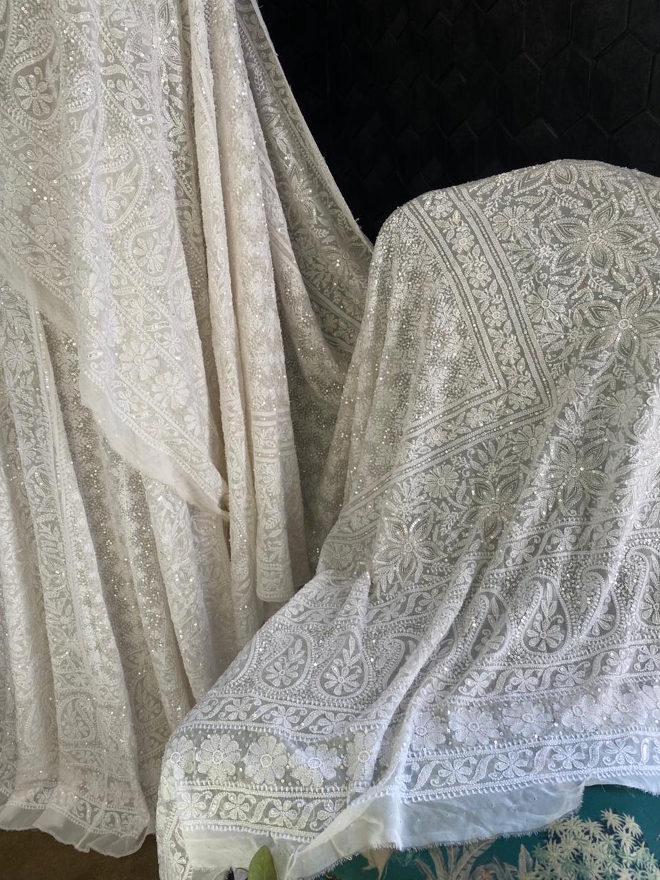 White Georgette Floral Chikankari Lehenga Set